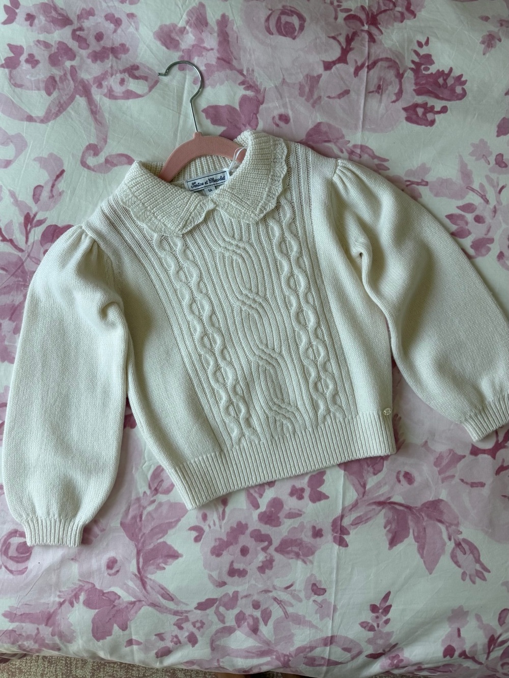Tartine et Chocolat Cream Cable-Knit Sweater with Peter Pan Collar